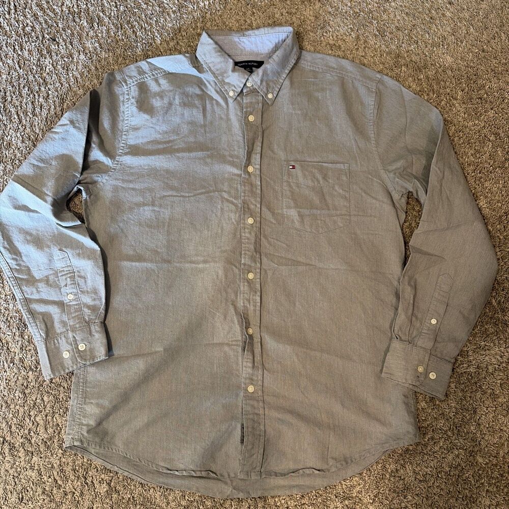 Tommy Hilfiger Mens Gray Button Down Long Sleeve L Large 100% Cotton Shirt